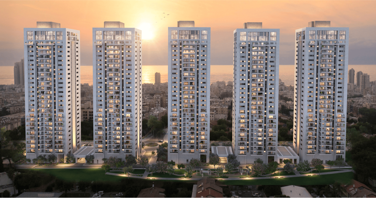 הדמיה של 5 בינייני רבי קומות אל מול הים פרויקט THE 5 כצנלסון בת ים